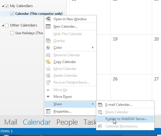 publish your calendar on a webdav server outlook 2013